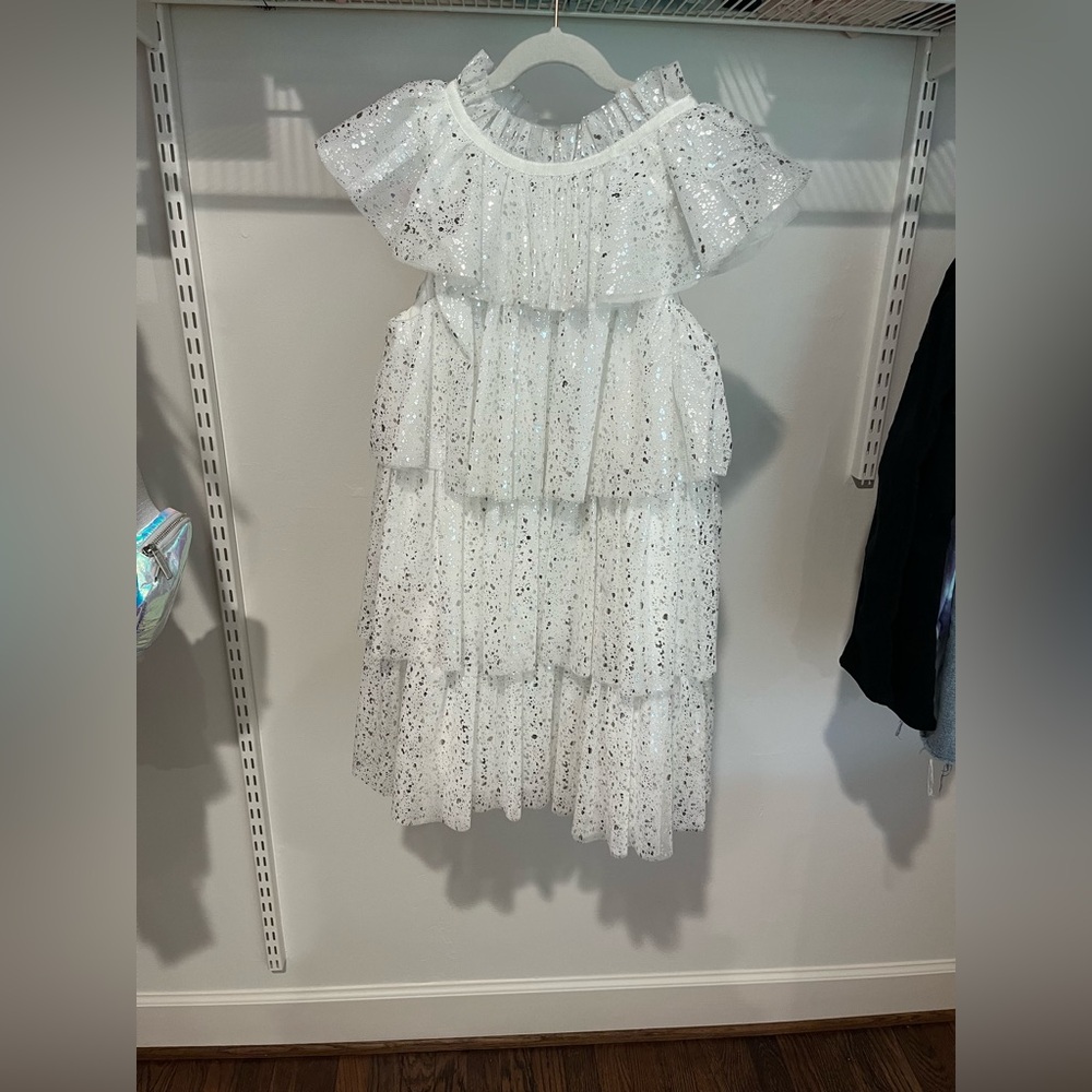 GB Girls Size M Layered White Tulle w/Metallic Silver Sparkles